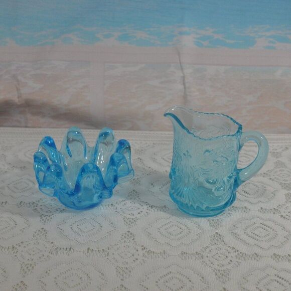 Vintage Light Blue Swung Bowl & Pressed Glass Cherry Pitcher MCM Art Glass Duo - Picture 1 of 4